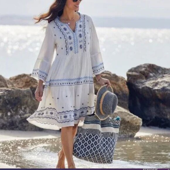 Fat Face White and Blue Embroidered Libby Cotton Dress - Picture 1 of 9